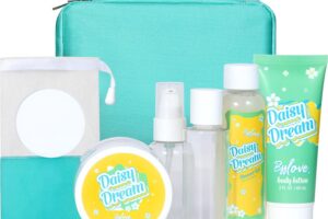 Bild von Bath Set for Women Gifts, 9 Piece Spa Gift Baskets Daisy Scent Toiletry Set with Body Scrub, Body Lotion, Shower Gel, Travel Bottles, Bubble Net, Rock Soap, Wash Bag. Graceful Gifts for Her