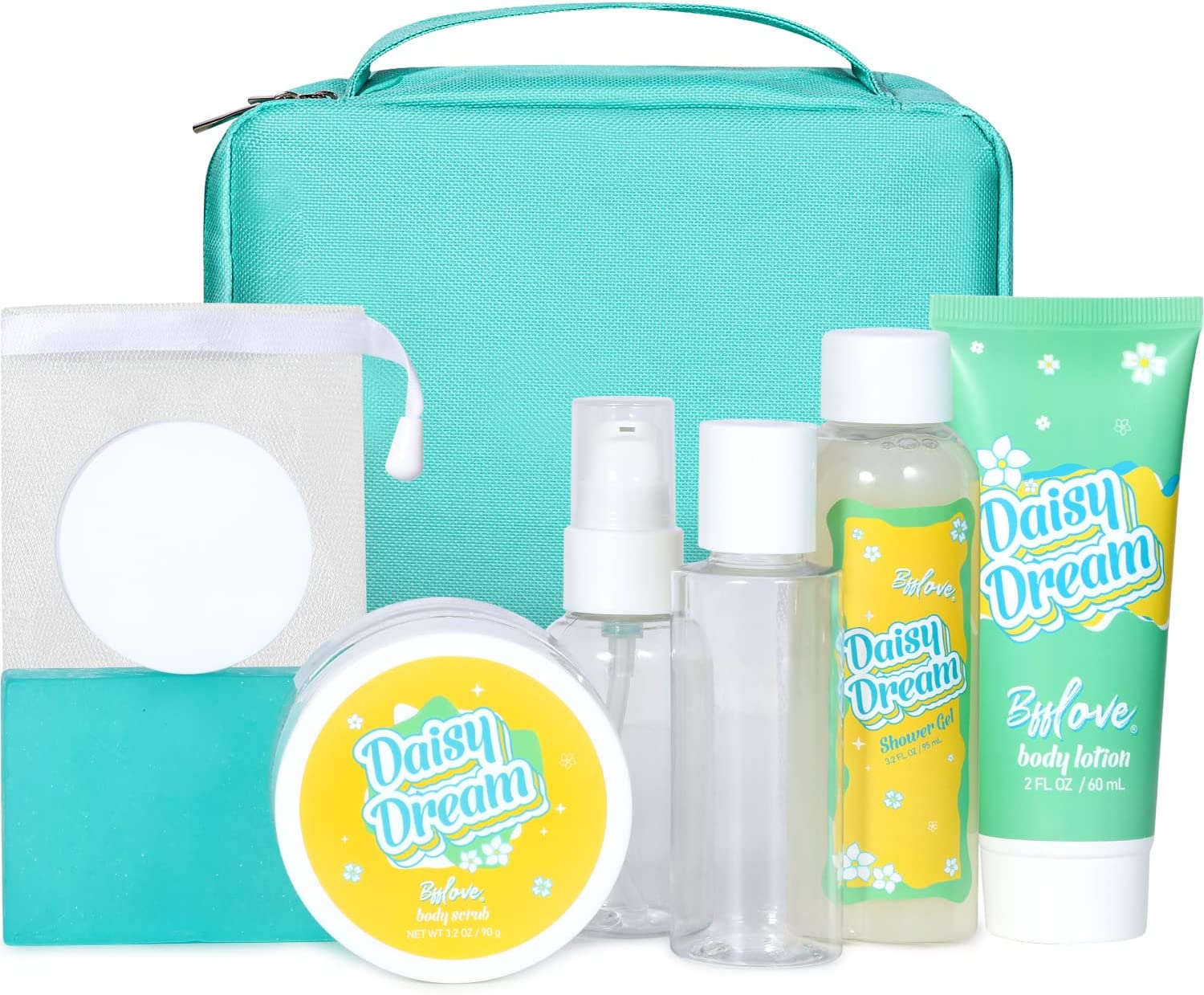 Bild von Bath Set for Women Gifts, 9 Piece Spa Gift Baskets Daisy Scent Toiletry Set with Body Scrub, Body Lotion, Shower Gel, Travel Bottles, Bubble Net, Rock Soap, Wash Bag. Graceful Gifts for Her