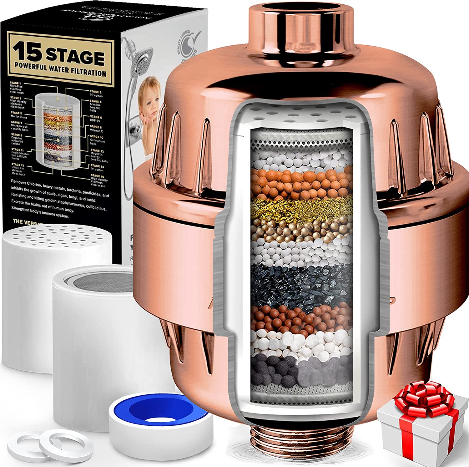 Bild von AquaHomeGroup 15 Stage Shower Filter with Vitamin C for Hard Water – High Output Shower Water Filter to Remove Chlorine and Fluoride – 2 Cartridges Included -Consistent Water Flow Showerhead Filter