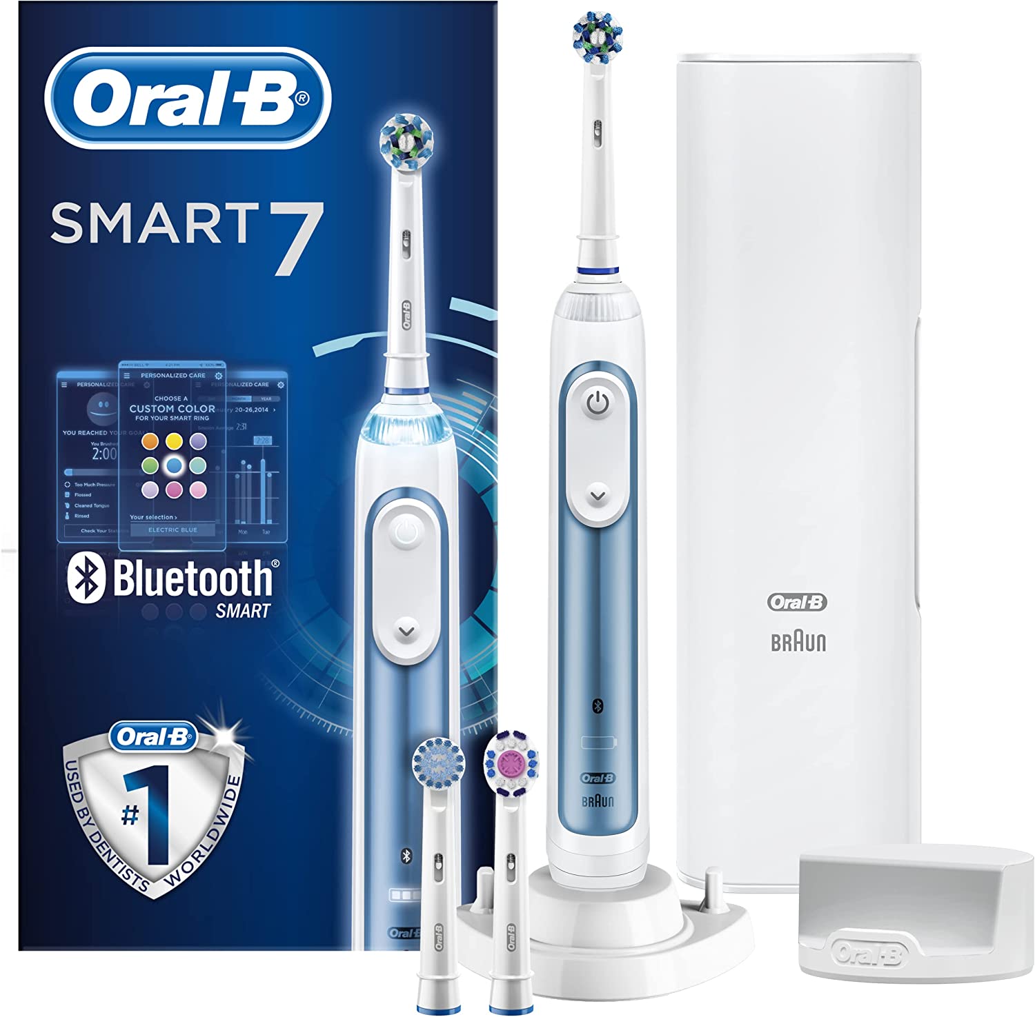 Bild von Oral-B Smart 7 Electric Toothbrush, with Smart Pressure Sensor, App Connected Handle, 3 Toothbrush Heads & Travel Case, 5 Mode Display with Teeth Whitening, Gift Set, 2 Pin UK Plug, 6000N/7000N, Blue
