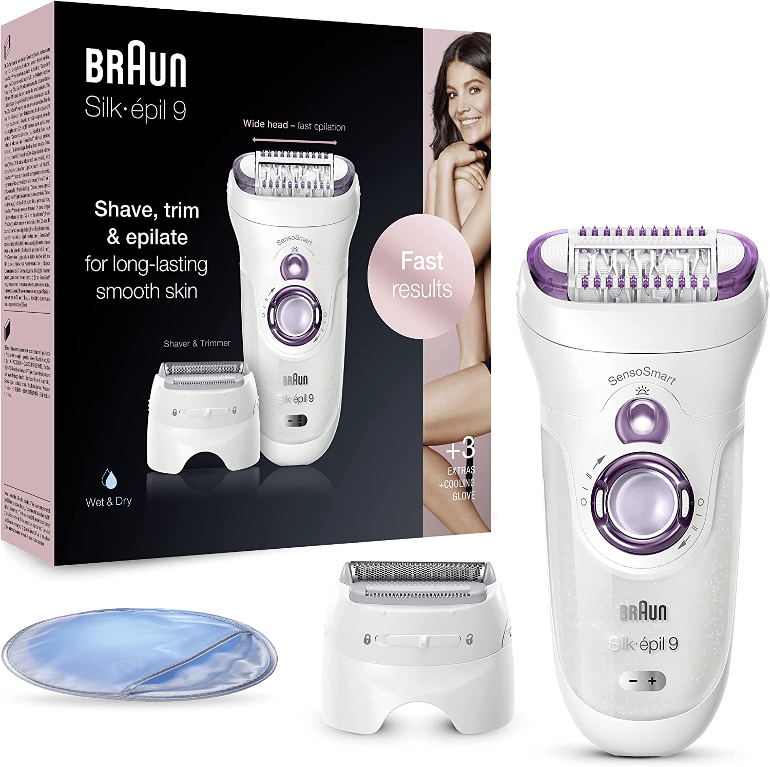 Bild von Braun Silk-épil 9 Epilator, for Long-Lasting Hair Removal with 40 Tweezers, Electric Shaver and Trimmer, Cooling Glove, Wet and Dry, 100 Percent Waterproof, 9-710, White