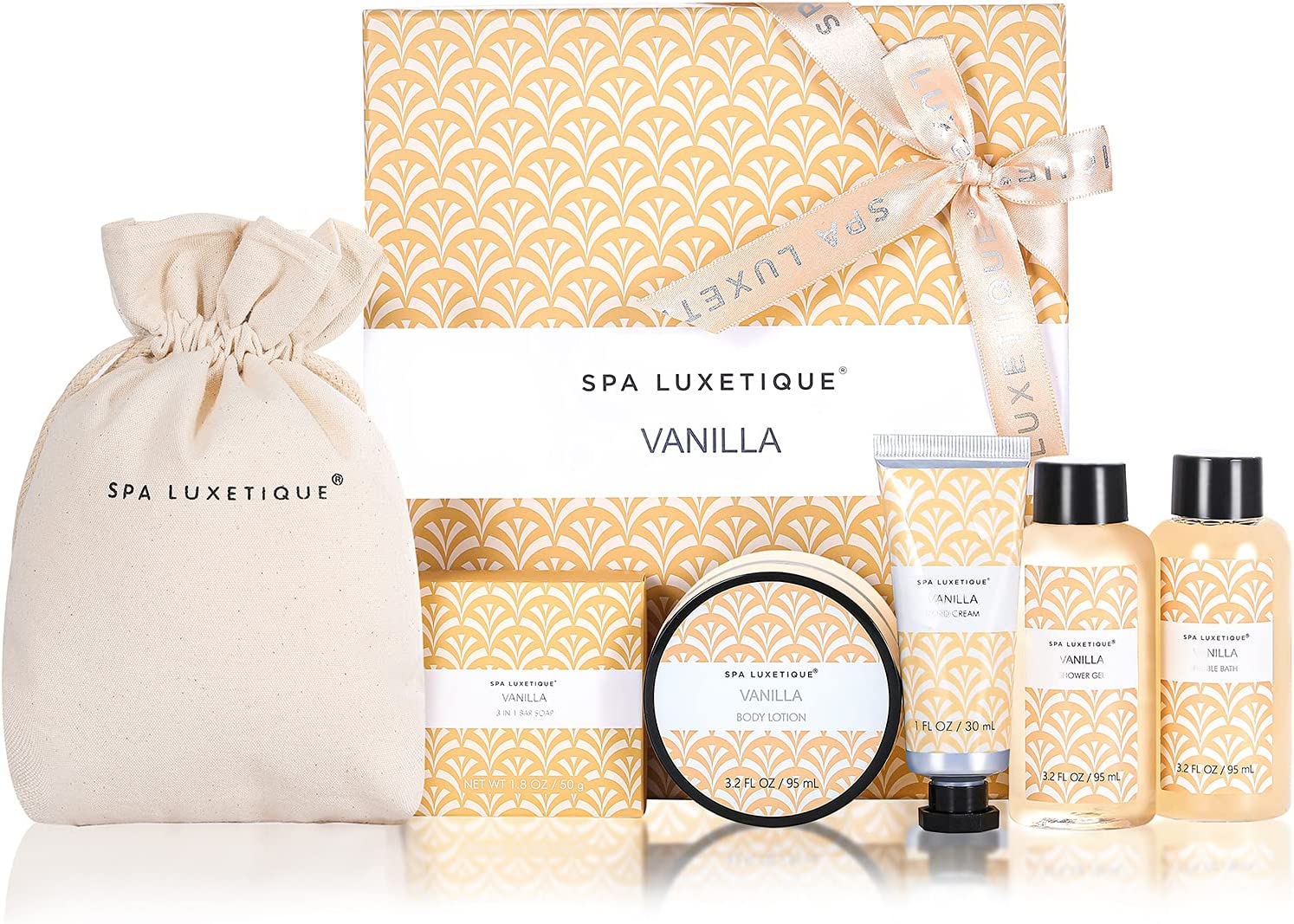 Produktbild von Spa Luxetique Spa Gift Set, Bath Sets for Women Gifts, 6pcs Vanilla Bath Gift Set, Travel Gift Box with Hand Cream, Body Lotion, Shower Gel, Bubble Bath, Gift Sets for Her, Gifts for Women, Mum Gifts