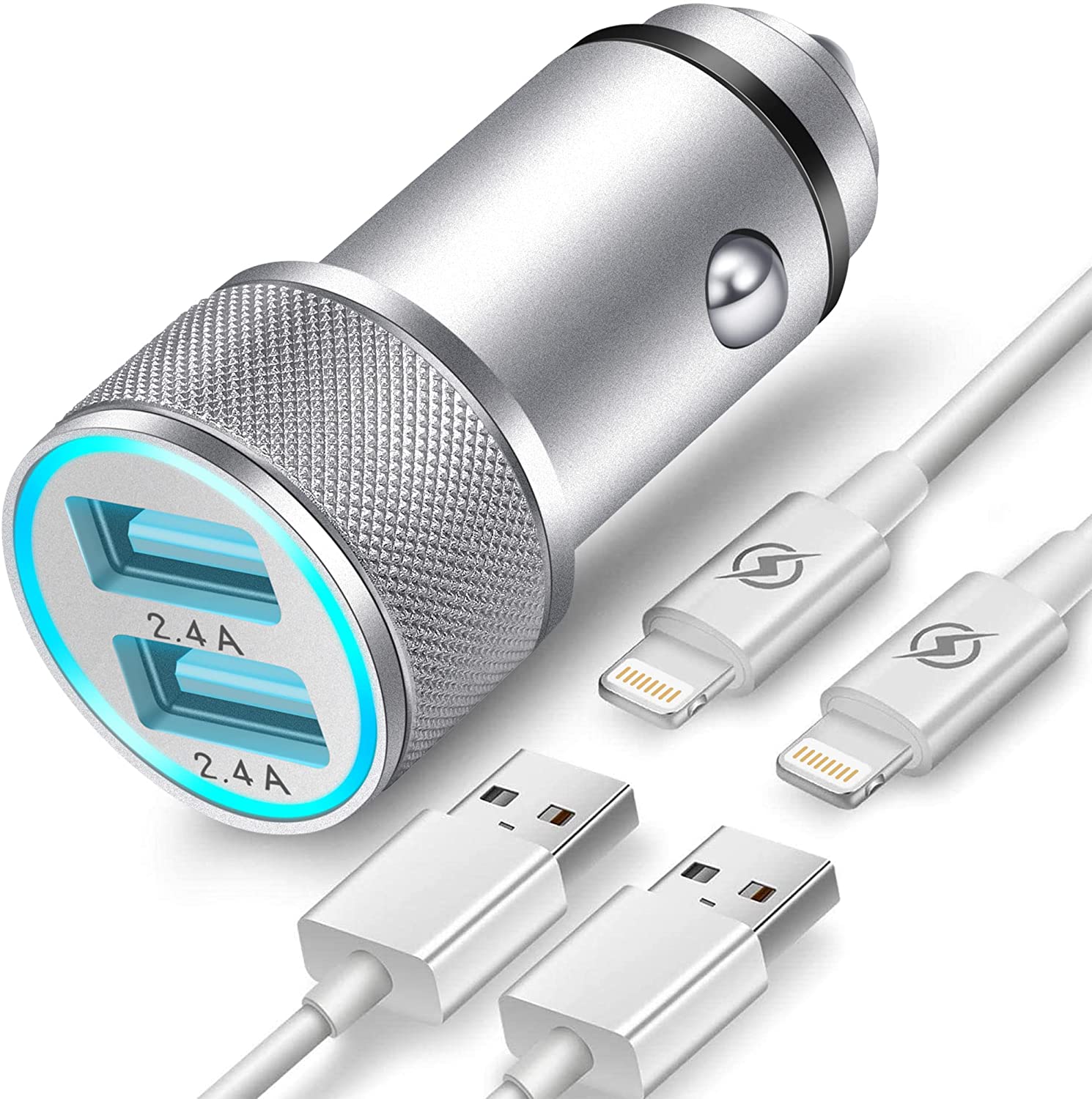 Bild von TIKALONG Car Charger, 2.4A Metal Cigarette Lighter Adapter with 2 Lightning Cables, Dual-Port USB Socket with LED, Compatible with iPhone 13/12/11/Pro Max/mini/SE/XS/XR/X/8/7/6 etc.