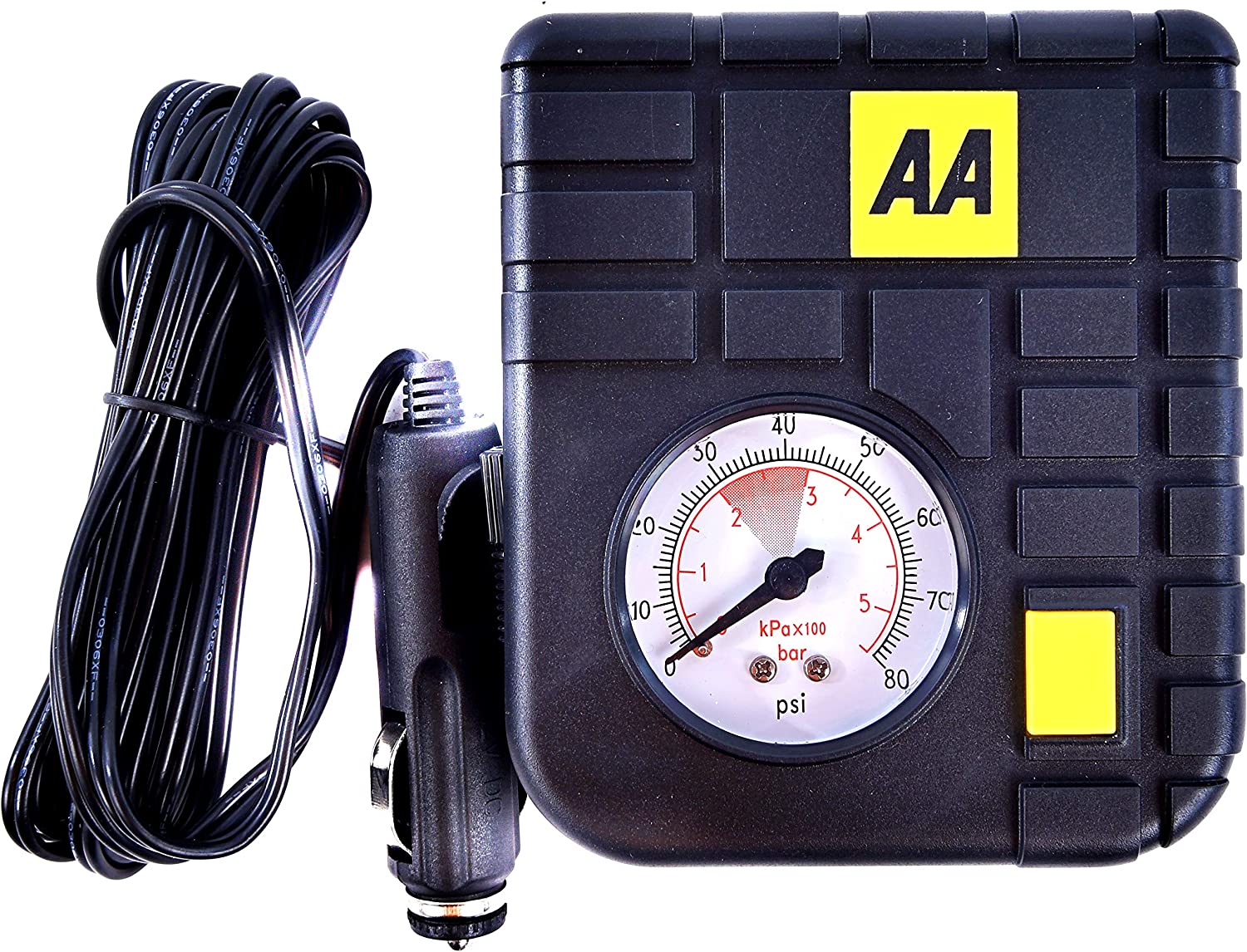 Bild von AA Car Essentials 12V Compact Tyre Inflator AA5007 – For Cars Vans Motorbikes Vehicles Inflatables Bicycles – PSI BAR KPA 0-80 PSI – Includes Adaptors, Black