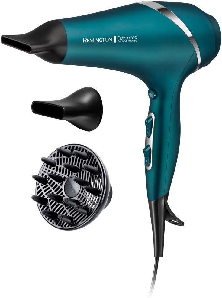 Bild von Remington Advanced Coconut Therapy Hair Dryer – 2300 W Hairdryer with Diffuser and 2 Concentrators Infused with Micro Conditioners – AC8648, Jade
