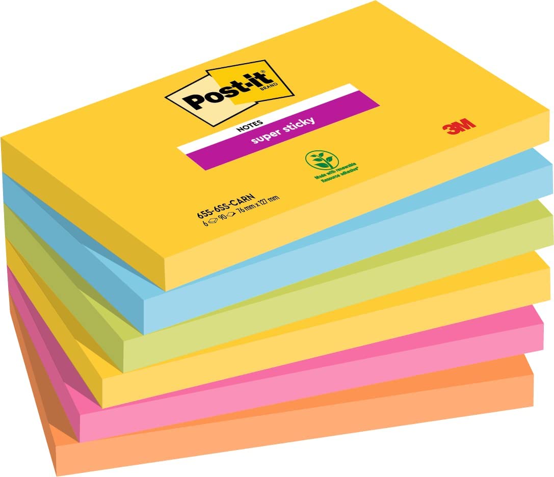 Bild von Post-it Super Sticky Notes, Carnival Colour Collection, 76 mm x 127 mm, 90 Sheets/Pad, 6 Pads/Pack