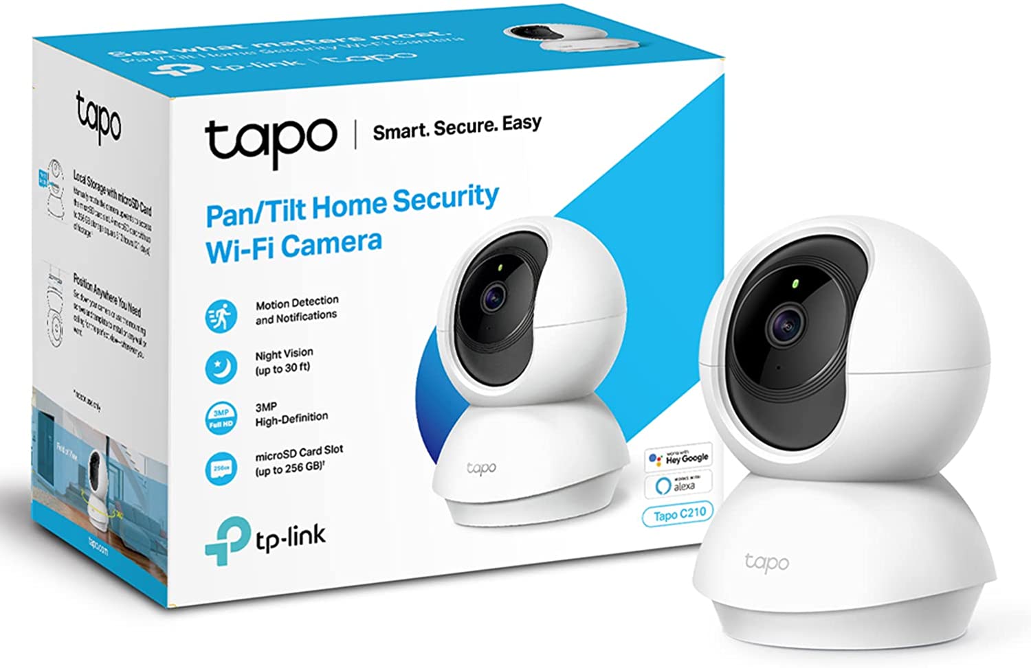 Bild von TP-Link Tapo Pan/Tilt Smart Security Camera, Indoor CCTV, 360° Rotational Views, Works with Alexa&Google Home, No Hub Required, 3MP(2304 × 1296)High Definition, Night Vision, SD Storage(Tapo C210)