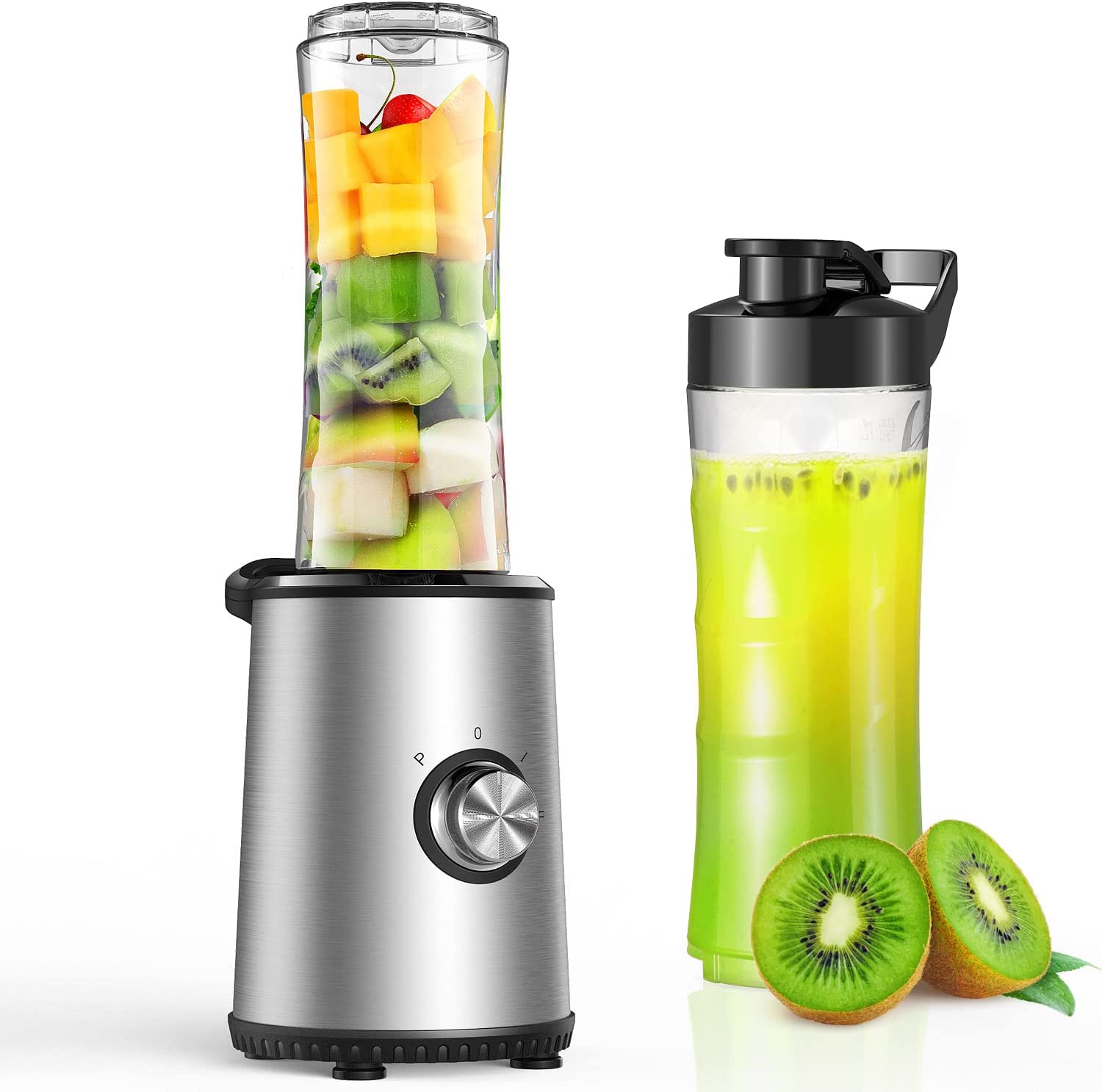 Bild von Personal Blender, 300W Smoothie Maker with 3 Adjustable Modes, 2 x 600ml Dishwasher Safe Bottles, Stainless Steel Mini Jug Blender for Smoothie, Milkshake, Juice, Easy to Use, Home, Office, Outdoors
