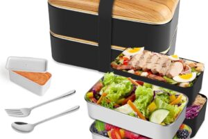 Bild von Bento Box Japanese Style 2 Tiers Lunch Box with 4pcs Eco-Friendly PP & Stainless Steel Containers,Fork Spoon compartments for Kids Boys Girls and Women Men Adults Meal Prep, Snack Packing ( BPA Free)