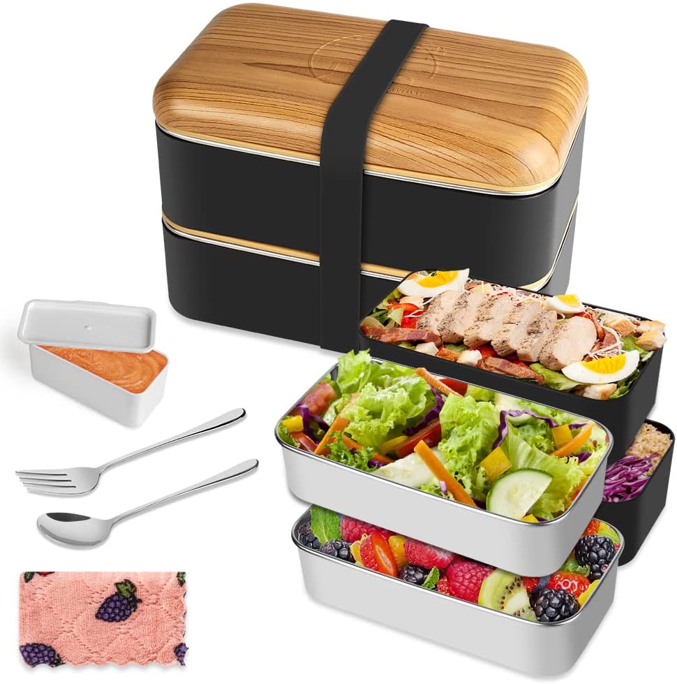 Bild von Bento Box Japanese Style 2 Tiers Lunch Box with 4pcs Eco-Friendly PP & Stainless Steel Containers,Fork Spoon compartments for Kids Boys Girls and Women Men Adults Meal Prep, Snack Packing ( BPA Free)