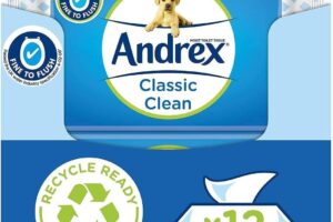 Produktbild von Andrex Classic Clean Washlets – Toilet Tissue Wet Wipes with Micellar Water – Flushable Washlets for a Shower Fresh Clean – Biodegradable and Plastic-Free – (12 Packs)