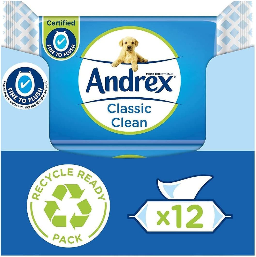 Bild von Andrex Classic Clean Washlets – Toilet Tissue Wet Wipes with Micellar Water – Flushable Washlets for a Shower Fresh Clean – Biodegradable and Plastic-Free – (12 Packs)