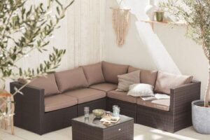 Produktbild von 5-seater rattan garden furniture sofa set table, brown weave / brown cushions. Ready assembled