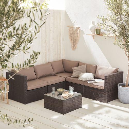 Bild von 5-seater rattan garden furniture sofa set table, brown weave / brown cushions. Ready assembled