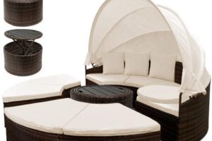 Bild von Poly Rattan Sun Day Bed – Ø 185 cm – Telescopic Table – 3 Pillows Brown