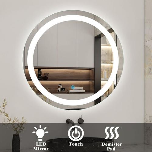 Bild von Round Bathroom Mirror with led Lights 60cm, Illuminated Wall Mounted Backlit Vanity Mirror with Demister, Anti-fog Large Circle Makeup Mirror