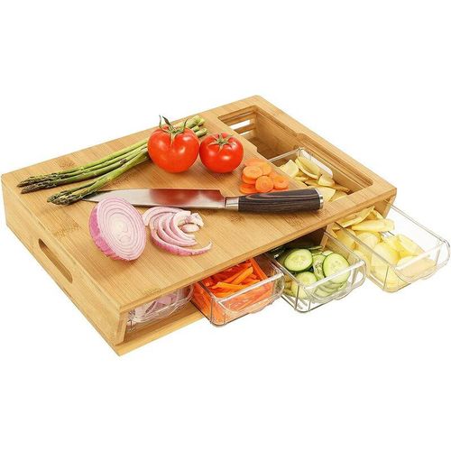 Bild von Bamny – Bamboo Chopping Boards Cutting Board with Storage Cmeal Prep Thick Hard Bamboo Cutting Boards with 4 PS Trays Easy Wish by Dishwasher