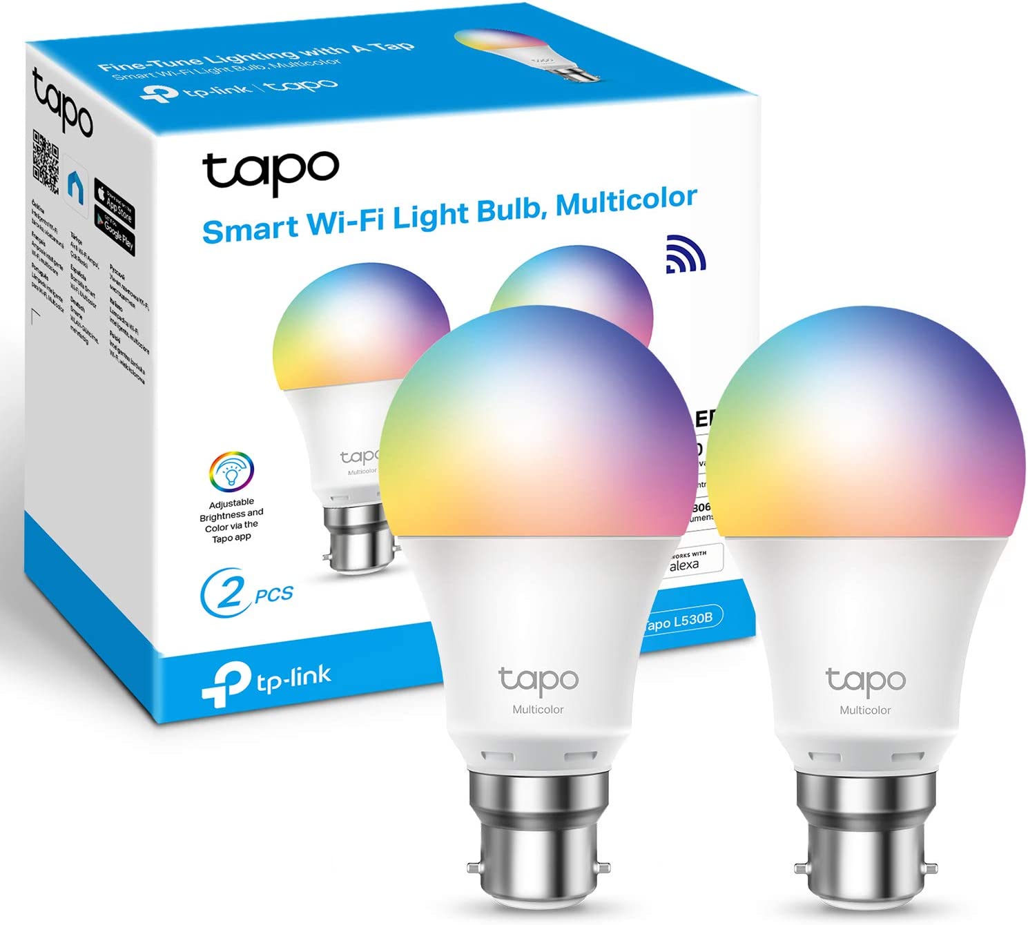 Bild von TP-Link Tapo Smart Bulb, Smart Wi-Fi LED Light, B22, 8.7W, Energy saving, Works with Amazon Alexa and Google Home, Colour-Changeable, No Hub Required Tapo L530B(2-pack)[Energy Class F]