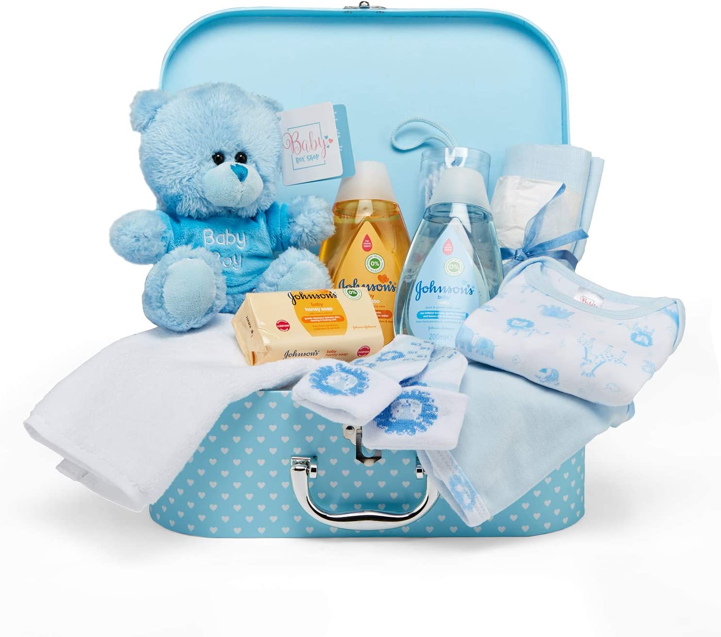 Bild von Newborn Baby Boy Gift Set – Hand Packed Blue Hamper with Suitcase Keepsake Box, Soft Toy Bear, Swaddling Muslin Cloth, Clothes and Essentials for New Mother Baby Showers