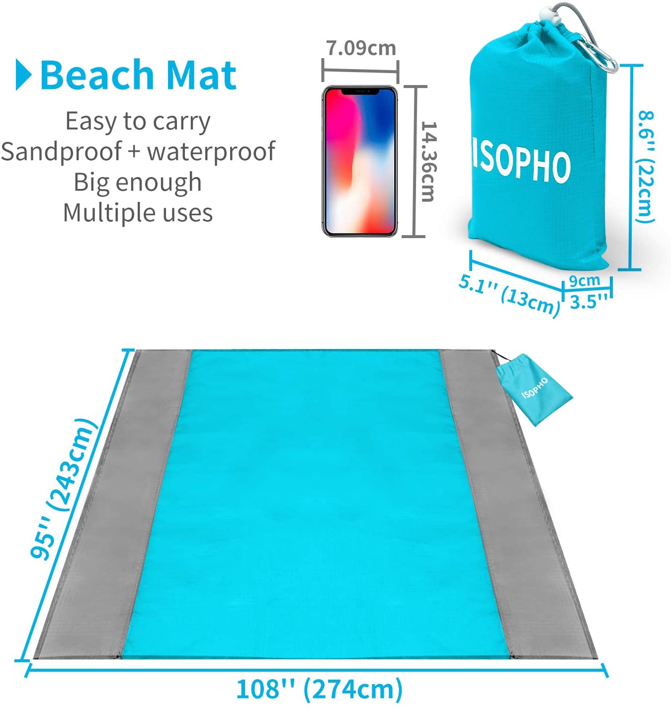 Bild von ISOPHO Beach Blanket Picnic Blanket, Extra Large 243 x 274cm/95 * 108IN Waterproof Sandproof Water Resistant Beach Mat with 4 Fixed Nails, Reinforced Edging for Beach, Camping, Hiking and Grass Trips