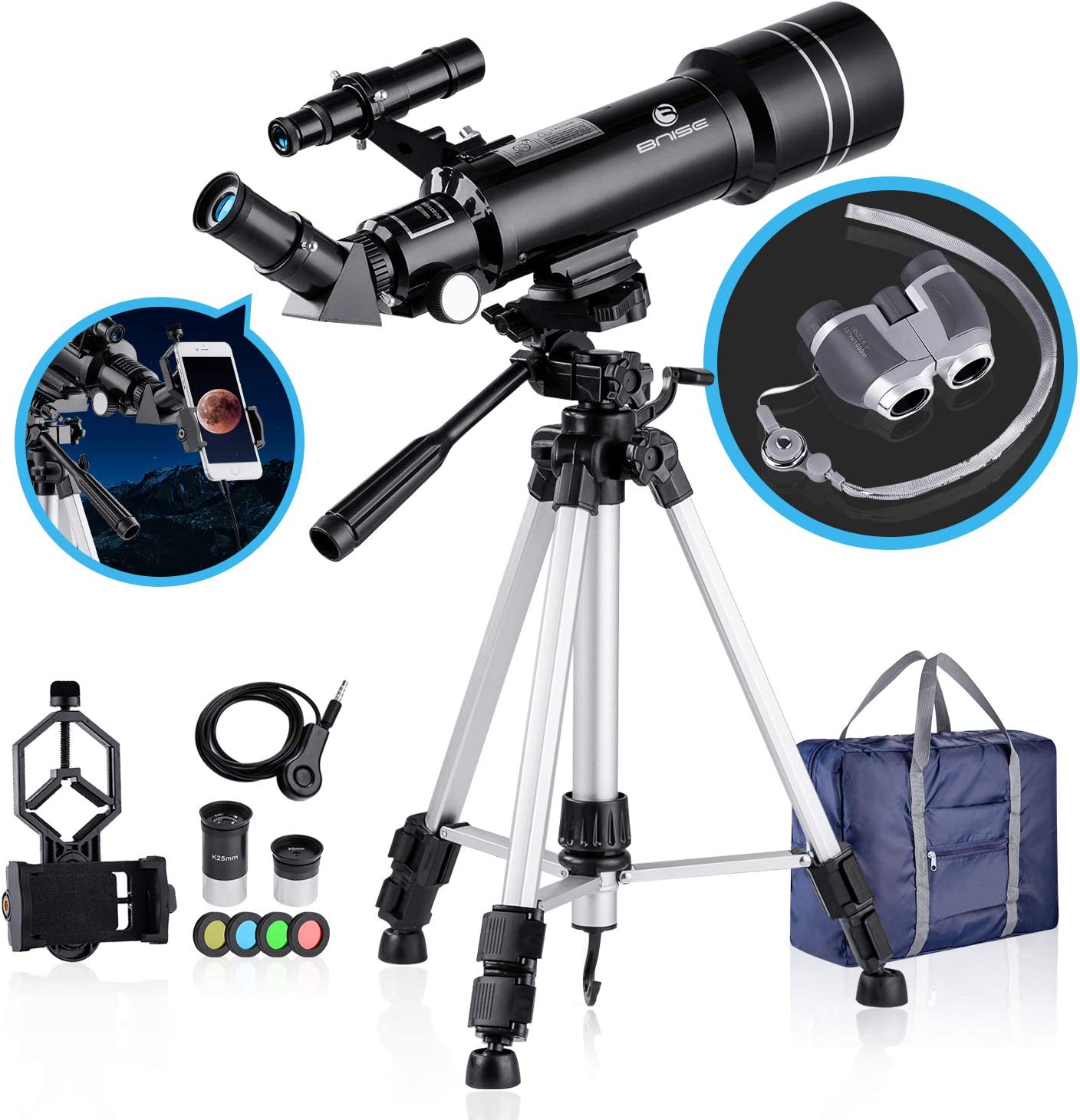 Bild von BNISE 70mm Portable Refractor Telescope & HD Binoculars, Fully Coated Glass Optics, Telescopes for Astronomy for Beginners and Kids, with Adjustable Tripod Smartphone Adapter Moon Filter and Carry Bag
