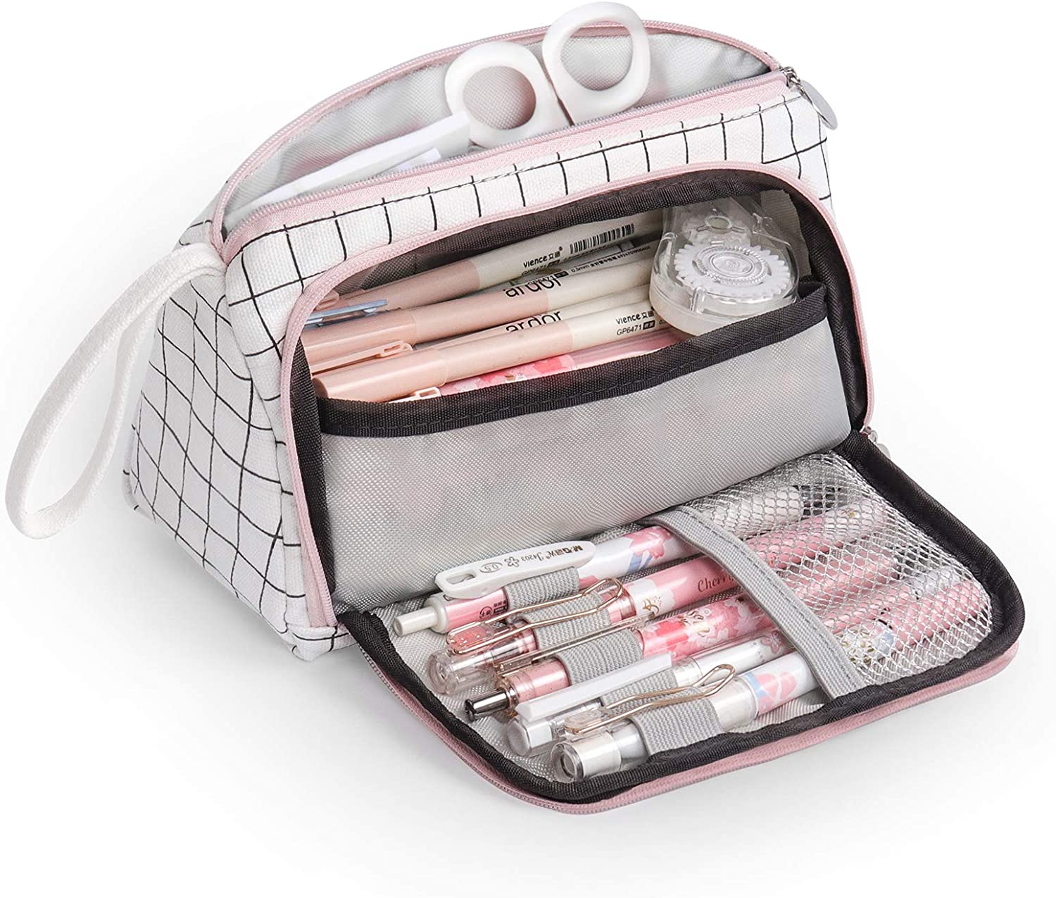 Bild von Mokani Pencil Case, Big Capacity Pencil Pen Pouch with Handle, Stationery Bag Supplies Box for Student Office College Middle School High School, Plaid Black