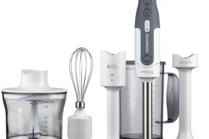 Produktbild von Kenwood Hand Blender, Anti-Splash, Mixer Includes 5 Attachments 0.5L Chopper, Soup & Masher Attachment, Whisk and 0.75L BPA-Free Plastic Beaker, 800 W, HDP406, White Silver