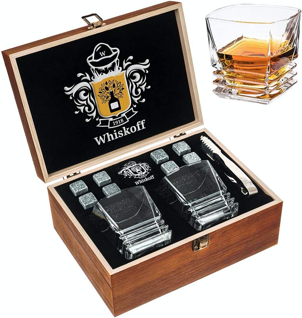 Bild von Whiskey Glass Set of 2 – Bourbon Whiskey Stones Gift Set For Men – Includes Crystal Whisky Rocks Glasses, Chilling Stones, Slate Coasters – Scotch Glasses in Wooden Box – Wisky Burbon Retirement Gifts