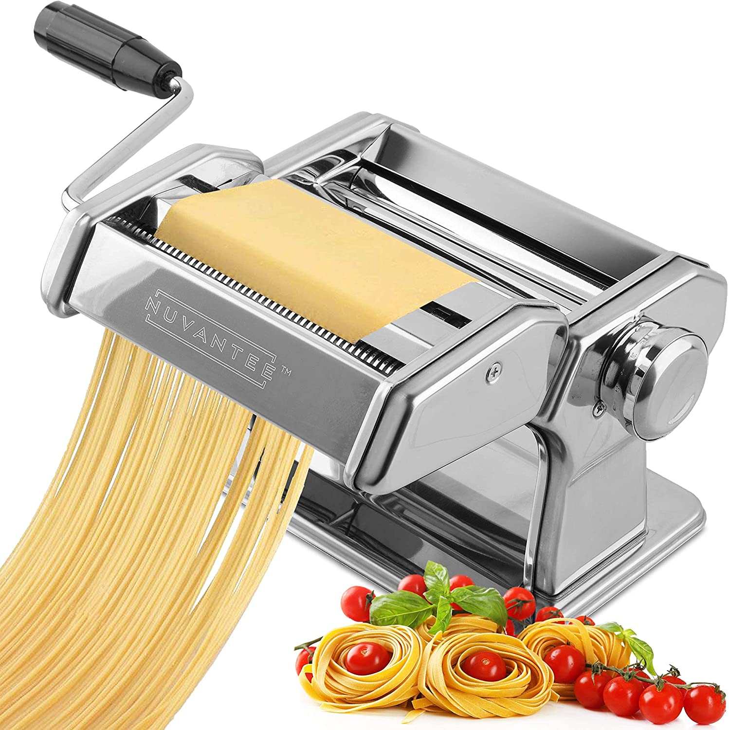 Bild von Nuvantee Pasta Maker Machine – Adjustable Crank Roller & Attachments – Manual Hand Press – Silver