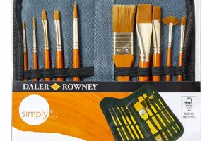 Bild von Daler-Rowney Simply Acrylic Brush Set in Zip Case, 10 x Assorted Gold Taklon Synthetic Hair Brushes, Short Handle, Ideal for Entry-Level Artists & Hobbyists