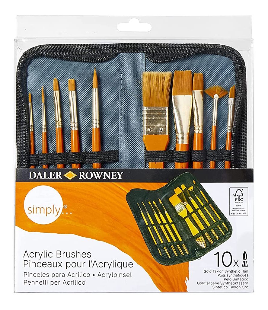 Bild von Daler-Rowney Simply Acrylic Brush Set in Zip Case, 10 x Assorted Gold Taklon Synthetic Hair Brushes, Short Handle, Ideal for Entry-Level Artists & Hobbyists