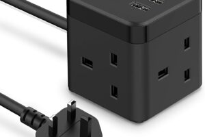 Bild von JSVER Cube Extension Lead with 3 USB Ports (5V/2.4A) 3 Outlet Power Strip with Switch Power Socket with 200cm Cable for Home, Office, Hotel, Travel -Black