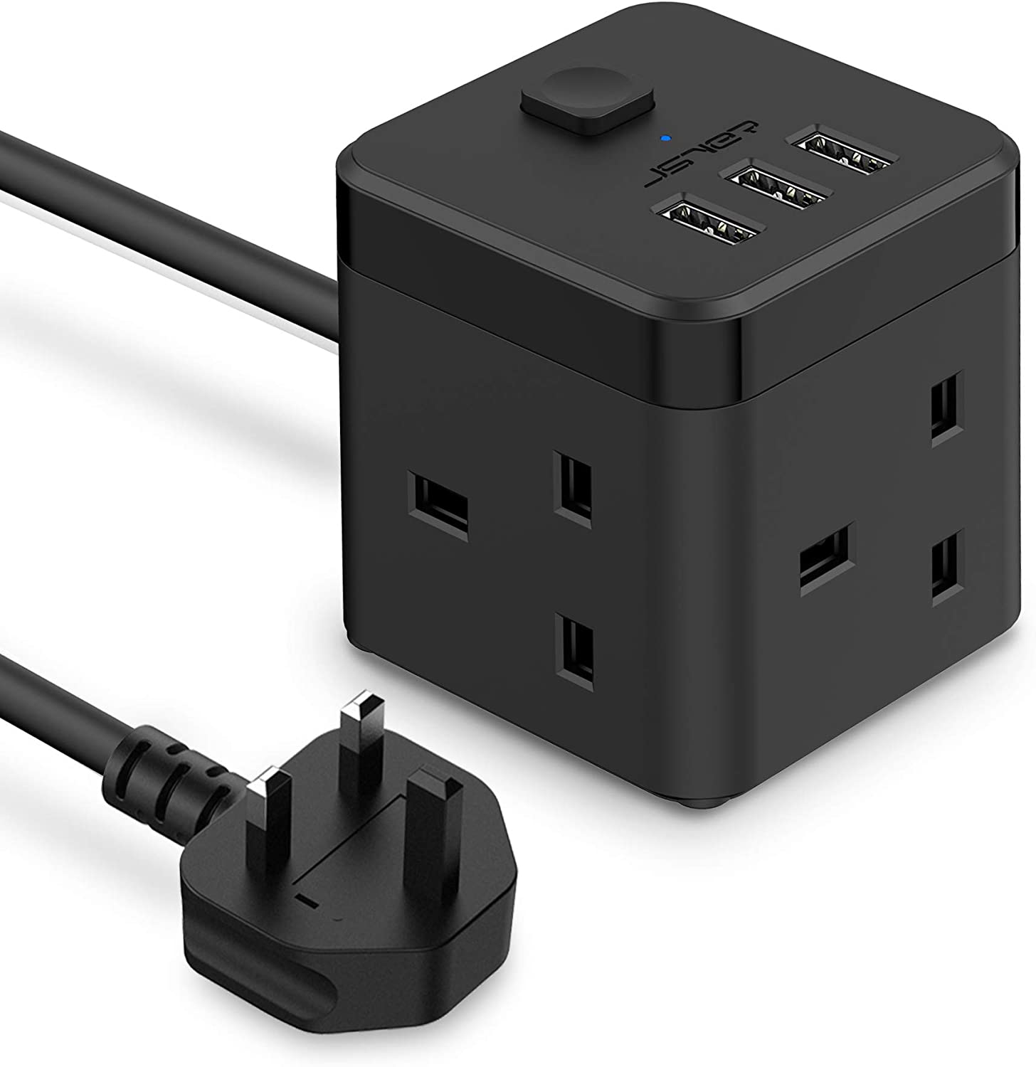 Bild von JSVER Cube Extension Lead with 3 USB Ports (5V/2.4A) 3 Outlet Power Strip with Switch Power Socket with 200cm Cable for Home, Office, Hotel, Travel -Black