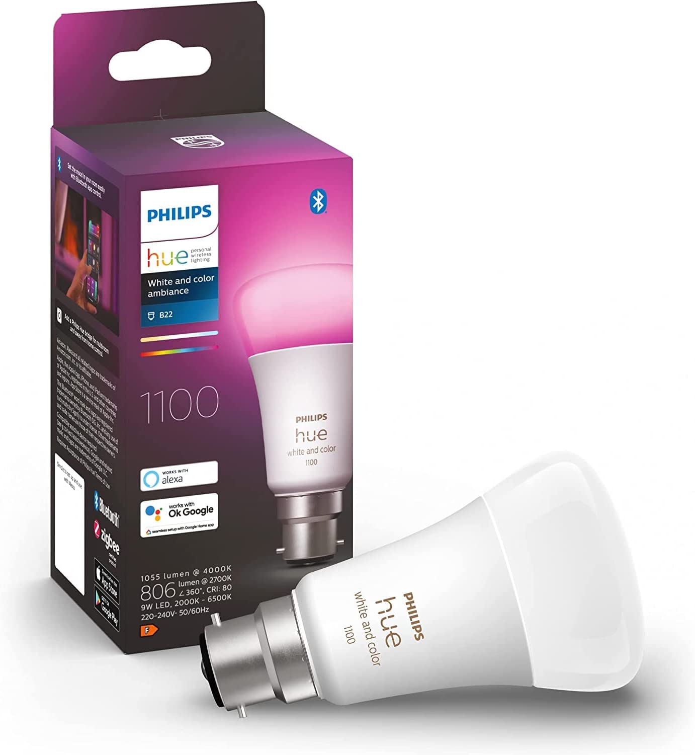 Bild von Philips Hue White & Colour Ambiance Single Smart Bulb LED [B22 Bayonet Cap] – 1100 Lumens (75W equivalent). Works with Alexa, Google Assistant and Apple Homekit
