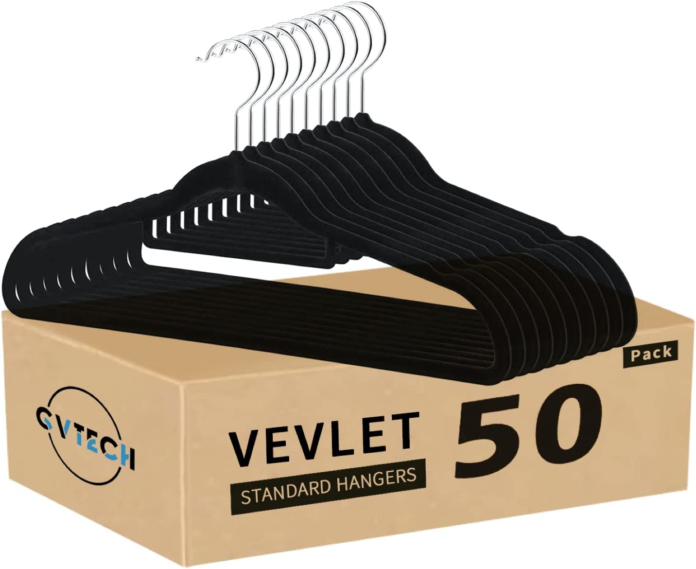 Bild von GVTECH Premium Velvet Hangers, [50 Pack] Non Slip and Heavy Duty Velvet Suit Hangers (45cm) with Tie Bar, 360° Swivel Hooks, Sturdy to hold Jumper, Pullovers, Jackets & Hoodies (Black)