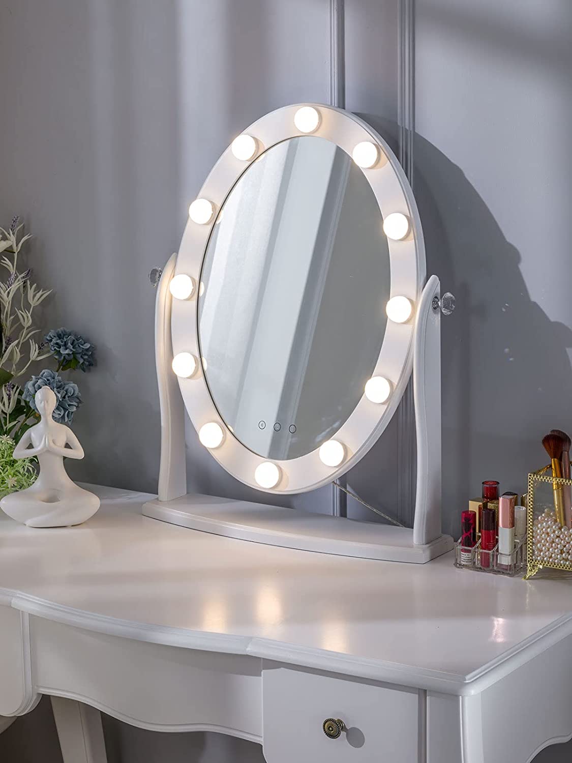 Bild von LUXFURNI Hollywood Lighted Vanity Makeup Mirror w/ 12 LED Lights, Touch Control Dimmable Cold/Warm Light, Adjustable Angle for Dressing Table