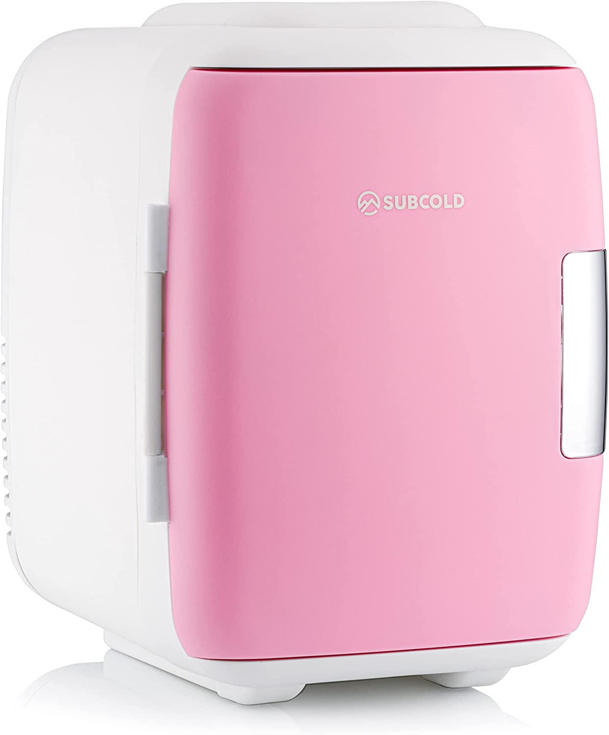 Bild von Subcold Classic4 Mini Fridge – Cooler & Warmer | 4 Litre/6 Cans | AC+USB | Portable Small Fridge for Skincare, Bedroom, Dorm, Car, Travel (White/Pink)