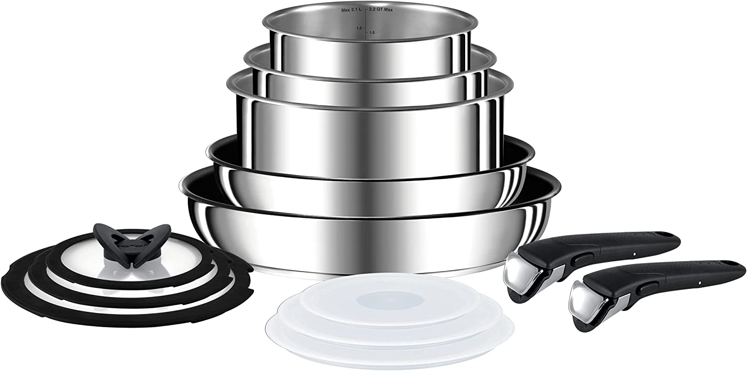 Bild von Tefal Ingenio Stainless Steel Pots & Pans Set, 13 Pieces, Stackable, Removable Handle, Space Saving, Non-Stick, Induction, L9409042