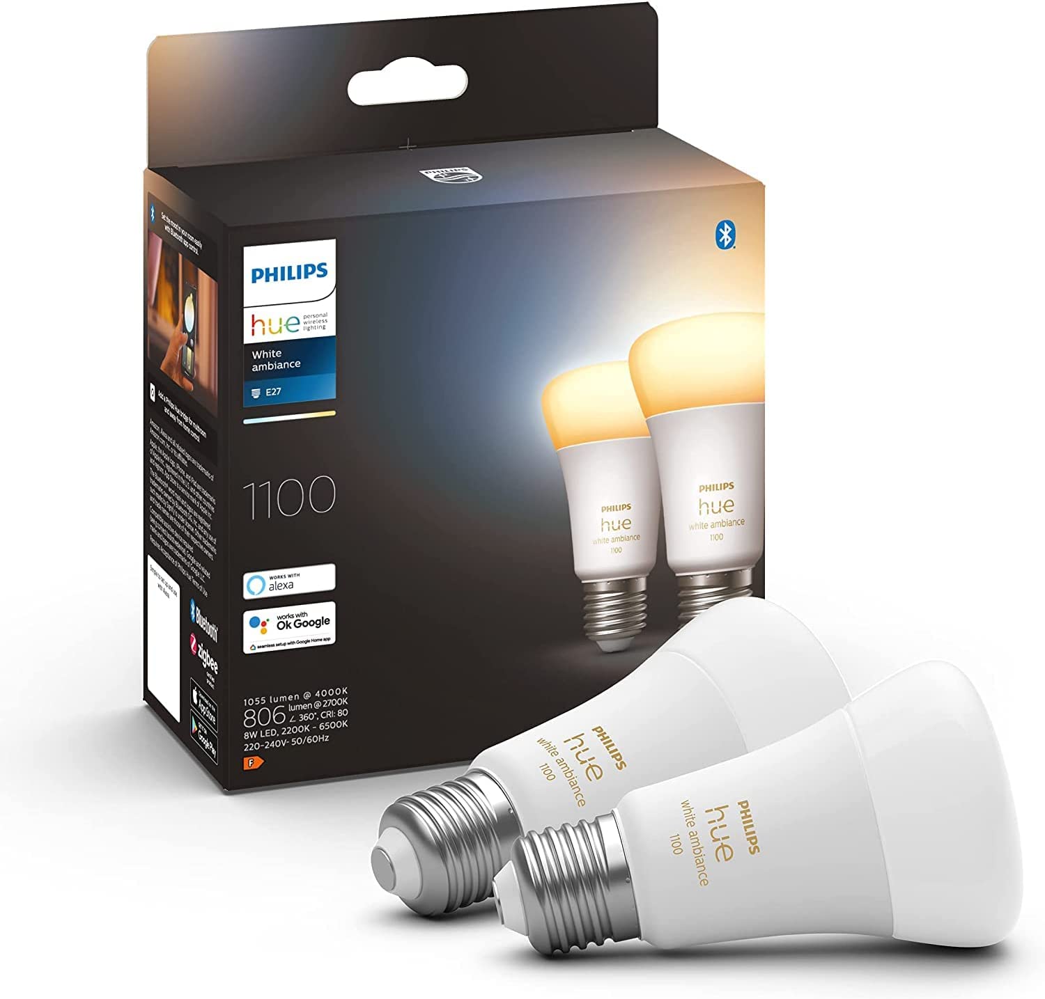 Bild von Philips Hue New White Ambiance Smart Light Bulb 2 Pack 75W – 1100 Lumen [E27 Edison Screw] with Bluetooth. Works with Alexa, Google Assistant and Apple Homekit.