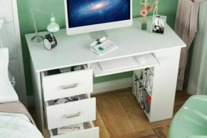 Bild von White Desk Computer Table pc Workstation with 3 Drawers & 3 Shelves Storage Unit – Gizcam