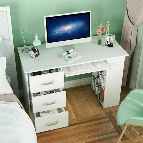 Bild von White Desk Computer Table pc Workstation with 3 Drawers & 3 Shelves Storage Unit – Gizcam