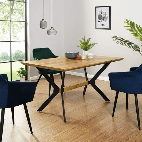 Bild von Meriden Furniture – Cherry Tree Furniture Granby Wotan Oak Effect 140cm Dining Table with Geometric Metal Legs – Oak-Black