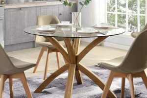 Produktbild von Cherry Tree Furniture lugano Round Glass Top Solid Oak Legs Dining Table – Oak