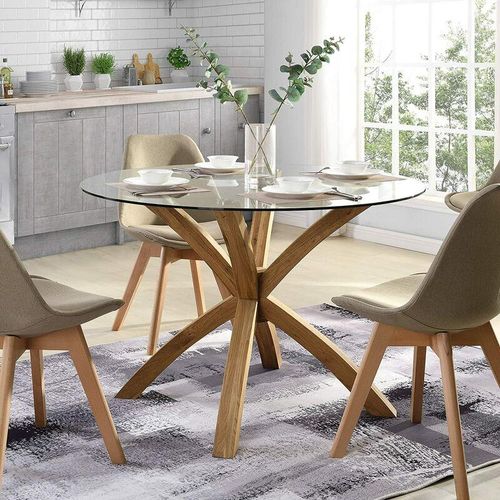Bild von Cherry Tree Furniture lugano Round Glass Top Solid Oak Legs Dining Table – Oak