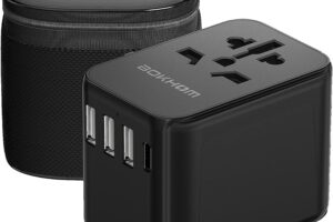 Bild von Worldwide Travel Adapter with USB C and USB A Port , All-in-one Universal Plug Adapter with Carry Pouch Dual 10A Fuses Surge Protection International Power Adapter 4 Plugs Trips to US AU Europe UK