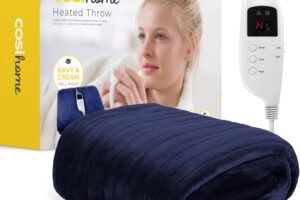 Bild von Cosi Home® Heated Throw – Electric Blanket – Extra Large Heated Blanket, Machine Washable Fleece with Digital Remote, Timer and 9 Heat Settings (Navy & Cream)