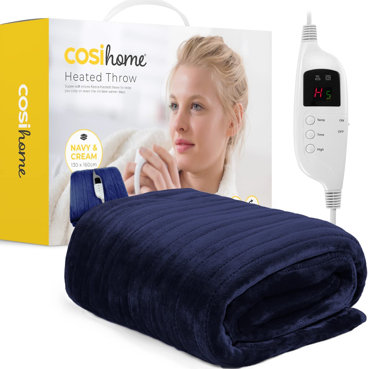 Bild von Cosi Home® Heated Throw – Electric Blanket – Extra Large Heated Blanket, Machine Washable Fleece with Digital Remote, Timer and 9 Heat Settings (Navy & Cream)