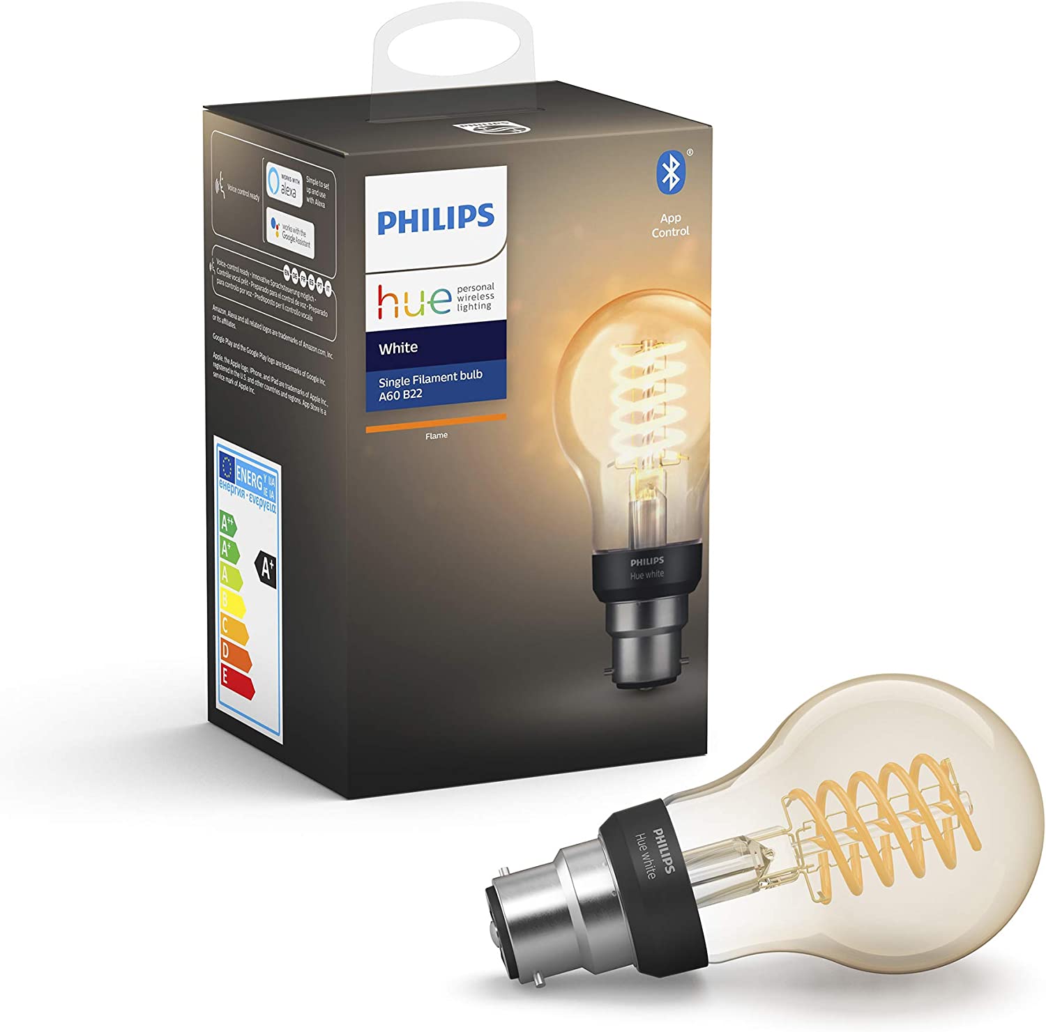 Bild von Philips Hue White Filament Regular A60 LED Smart Light Bulb 1 Pack [B22 Bayonet Cap] , with Bluetooth, Works with Alexa, Google Assistant and Apple Homekit. [Energy Class A]