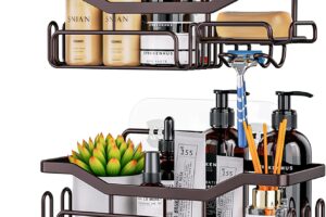 Produktbild von HapiRm Bathroom Storage Shower Caddy Shower Shelf with 11 Hooks Shower Storage with Razor Holder,Soap Dish,Towel Hook Bathroom organiser, Bathroom Accessories Bronze,3 Adhesive,2 pcs