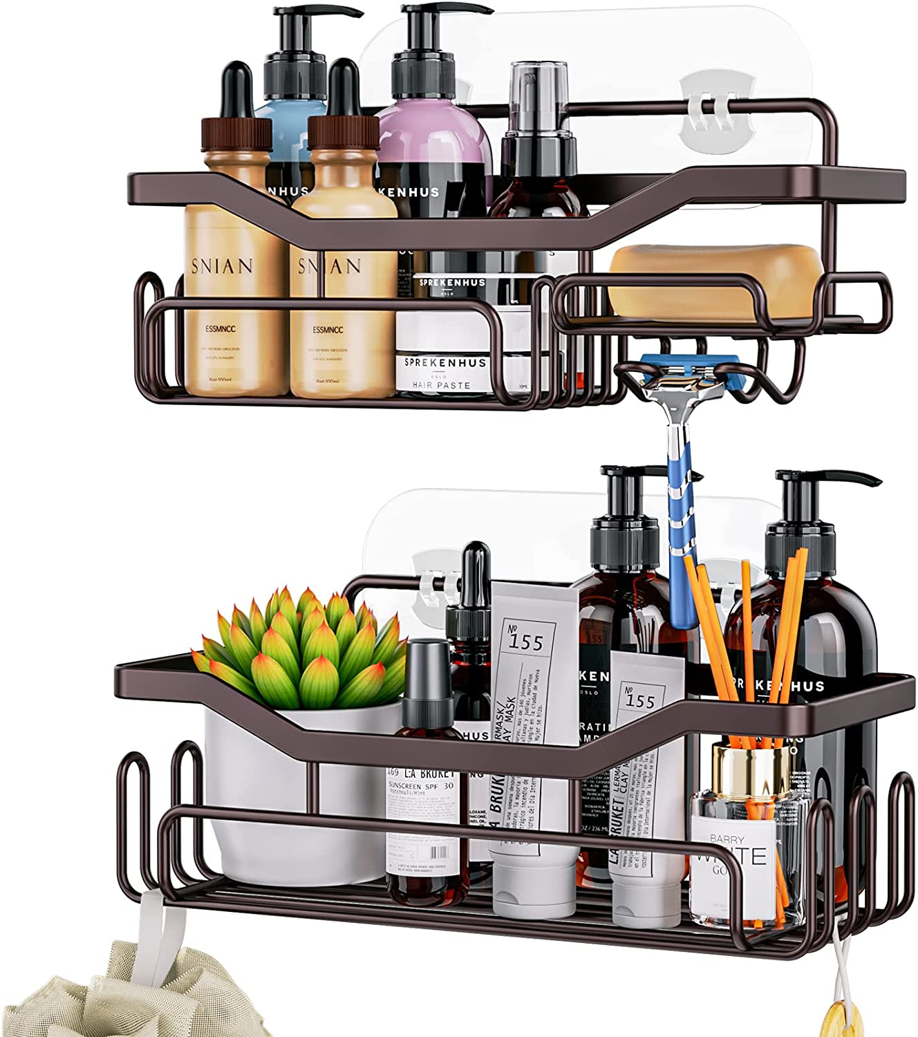 Bild von HapiRm Bathroom Storage Shower Caddy Shower Shelf with 11 Hooks Shower Storage with Razor Holder,Soap Dish,Towel Hook Bathroom organiser, Bathroom Accessories Bronze,3 Adhesive,2 pcs